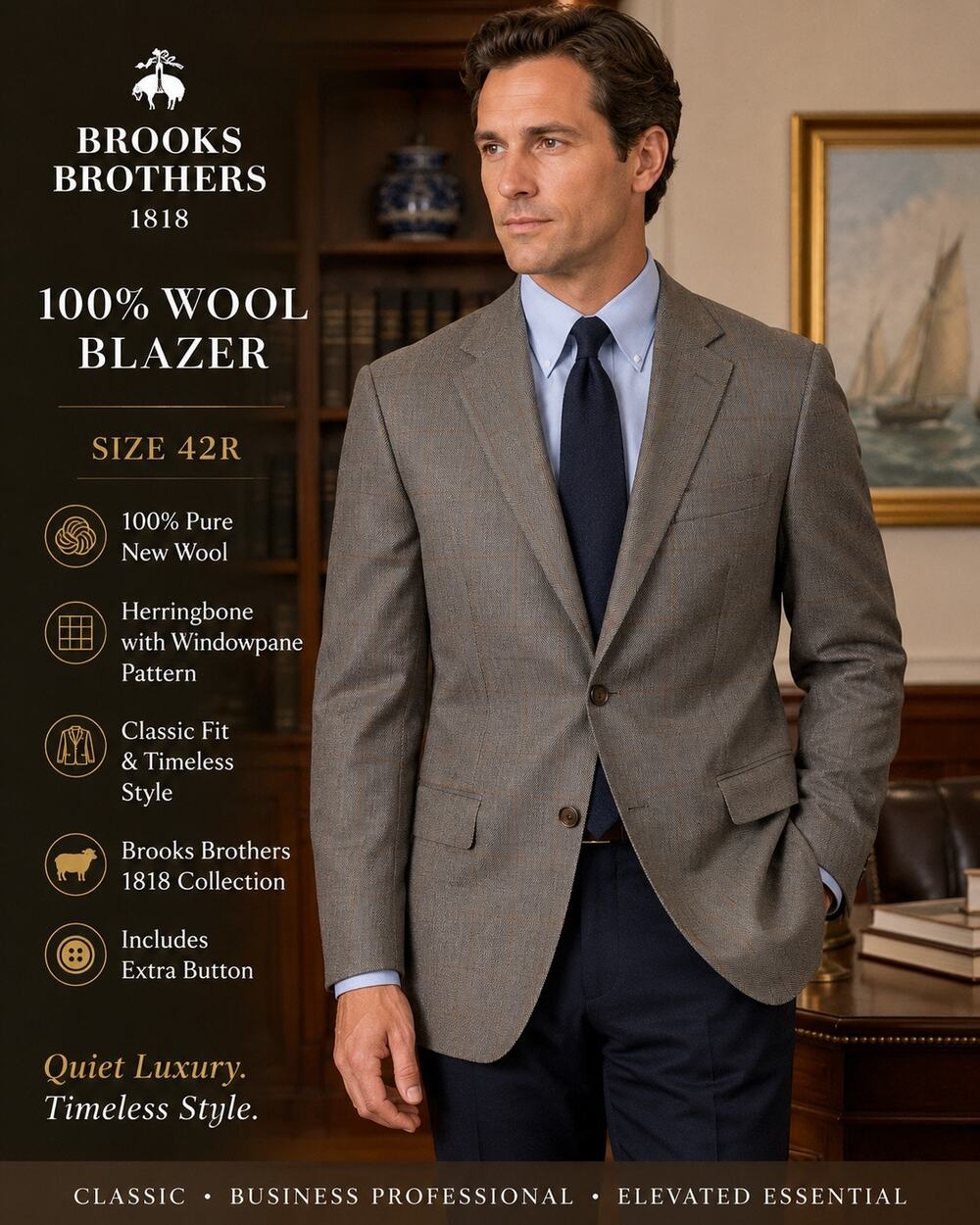 Brooks Brothers 1818 42R 100% Wool Blazer Sport Coat Gray Windowpane Jacket